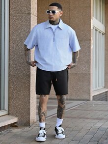 Devon Thys GloMan 男士夏季条纹休闲短袖衬衫，轻盈透气，日常百搭，适合居家、户外、海滩度假，送给丈夫的绝佳礼物 - 藍白色 - 查看 1