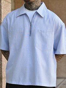 Devon Thys GloMan 男士夏季条纹休闲短袖衬衫，轻盈透气，日常百搭，适合居家、户外、海滩度假，送给丈夫的绝佳礼物 - 藍白色 - 查看 6