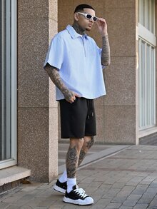 Devon Thys GloMan 男士夏季条纹休闲短袖衬衫，轻盈透气，日常百搭，适合居家、户外、海滩度假，送给丈夫的绝佳礼物 - 藍白色 - 查看 3