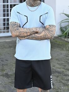 Devon Thys 男士夏季短袖休闲运动套装（2件套），圆领T恤+短裤 - 藍色 - 查看 4