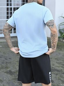 Devon Thys 男士夏季短袖休闲运动套装（2件套），圆领T恤+短裤 - 藍色 - 查看 5