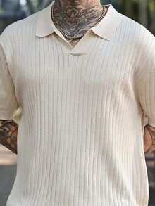 Devon Thys 男士复古 Polo 领短袖针织衫，新款杏色竖条纹飞机领短袖毛衣 T 恤，夏季套装 - 杏色 - 查看 6