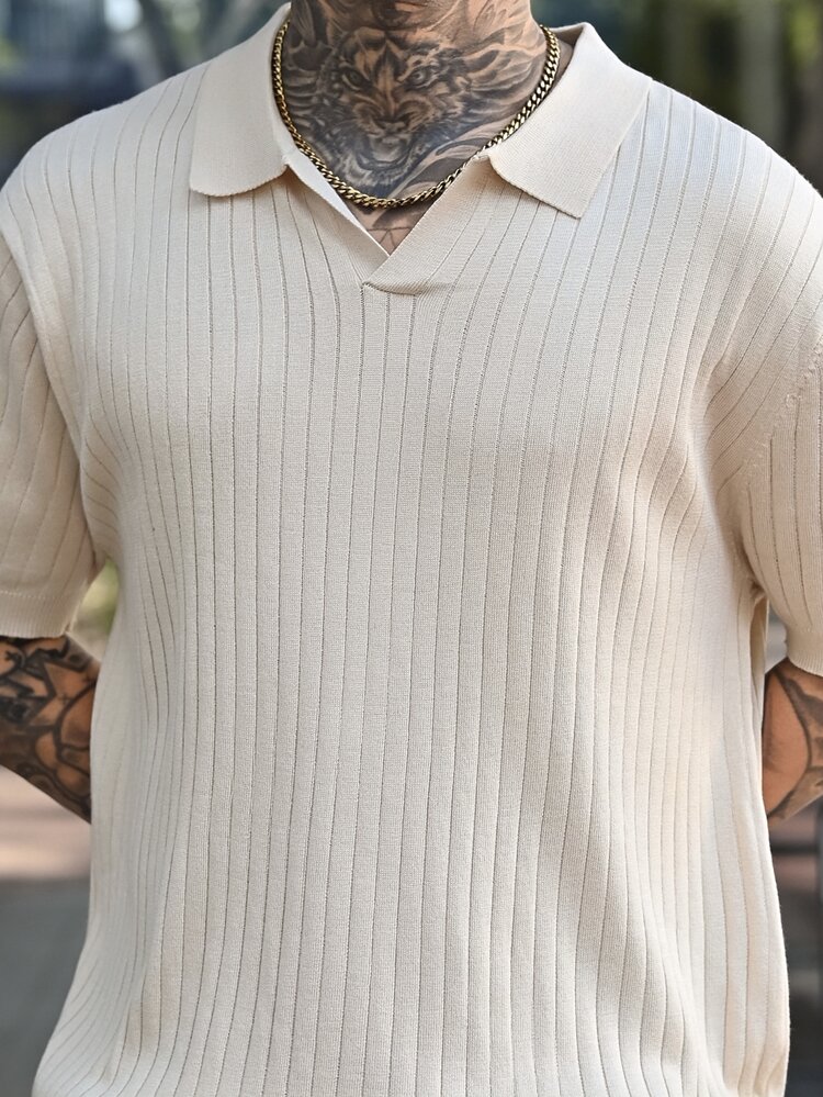 Devon Thys 男士复古 Polo 领短袖针织衫，新款杏色竖条纹飞机领短袖毛衣 T 恤，夏季套装 - 杏色 - 查看 5