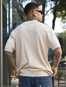 Devon Thys 男士复古 Polo 领短袖针织衫，新款杏色竖条纹飞机领短袖毛衣 T 恤，夏季套装 - 杏色 - 查看 3