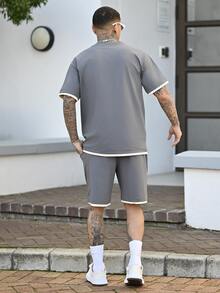 Devon Thys Men's Summer Letter Embossed Floral Print Round Neck Casual T-Shirt And Drawstring Waist Shorts 2 Pieces Set - Grey - View 2