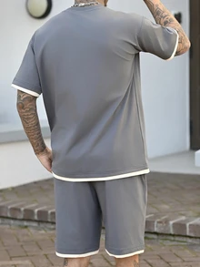 Devon Thys Men's Summer Letter Embossed Floral Print Round Neck Casual T-Shirt And Drawstring Waist Shorts 2 Pieces Set - Grey - View 5
