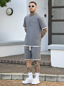 Devon Thys Men's Summer Letter Embossed Floral Print Round Neck Casual T-Shirt And Drawstring Waist Shorts 2 Pieces Set - Grey - View 3