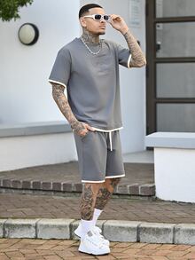 Devon Thys Men's Summer Letter Embossed Floral Print Round Neck Casual T-Shirt And Drawstring Waist Shorts 2 Pieces Set - Grey - View 1
