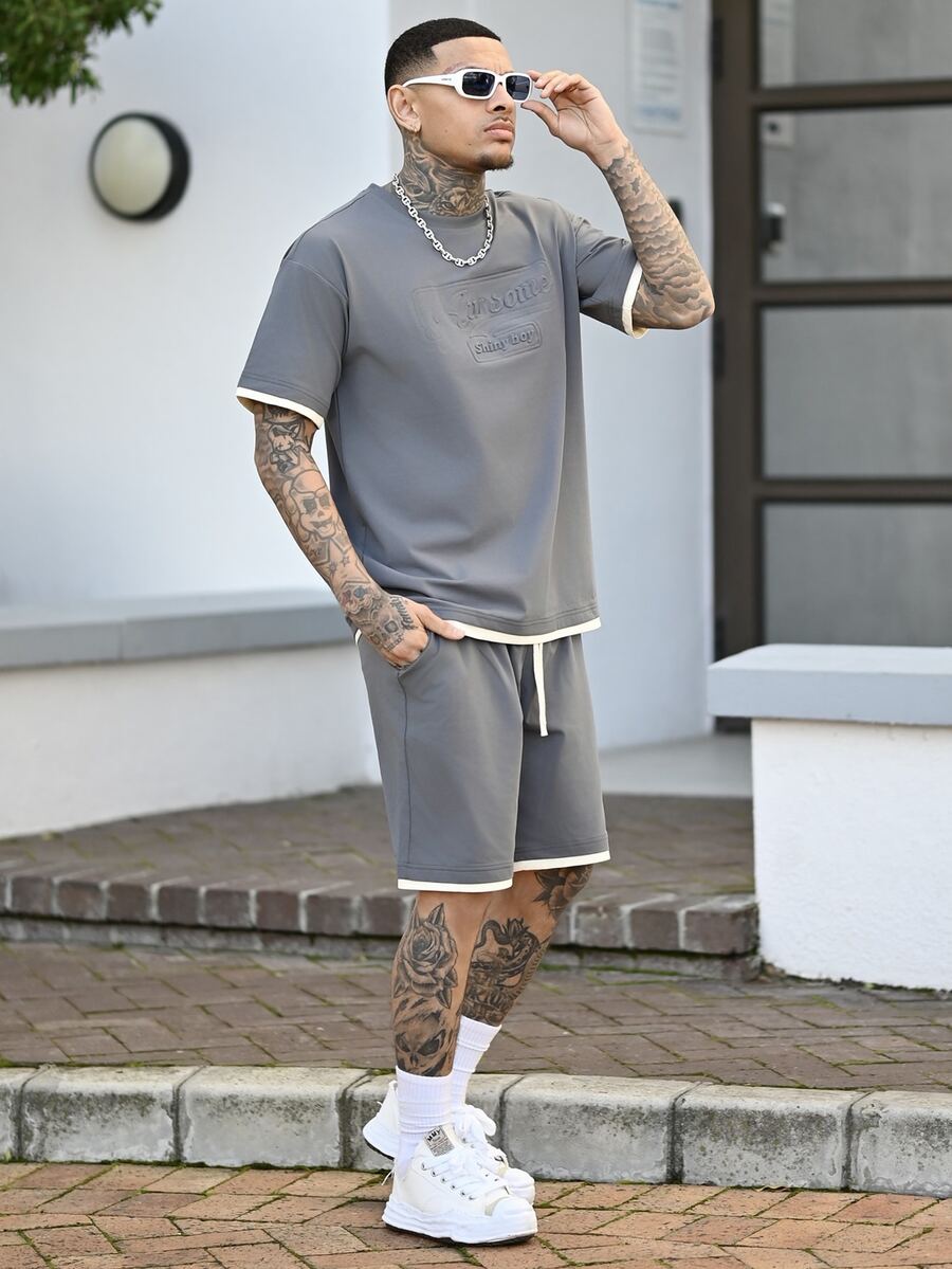 Devon Thys Men's Summer Letter Embossed Floral Print Round Neck Casual T-Shirt And Drawstring Waist Shorts 2 Pieces Set - Grey - View 1