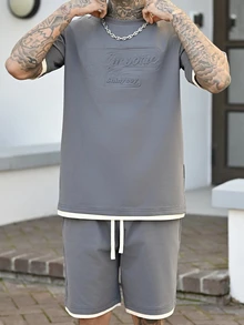 Devon Thys Men's Summer Letter Embossed Floral Print Round Neck Casual T-Shirt And Drawstring Waist Shorts 2 Pieces Set - Grey - View 4