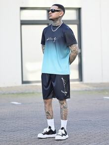 Devon Thys 男士休闲渐变字母印花圆领短袖上衣和抽绳短裤套装，舒适百搭，100% 涤纶，轻盈弹力面料，适合夏季穿着 - 灰色 - 查看 4