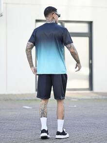Devon Thys 男士休闲渐变字母印花圆领短袖上衣和抽绳短裤套装，舒适百搭，100% 涤纶，轻盈弹力面料，适合夏季穿着 - 灰色 - 查看 3