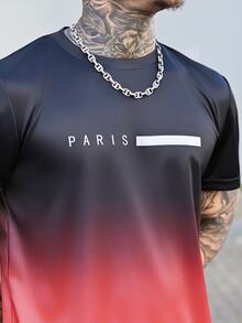 Devon Thys Bộ 2 món áo thun và quần short nam phối màu ombre, áo thun cổ tròn tay ngắn in chữ "PARIS" kết hợp với quần short có túi dây rút, trang phục thường ngày phong cách, thích hợp cho hoạt động ngoài trời mùa hè, 100% polyester. - Nhiều màu - Xem 7