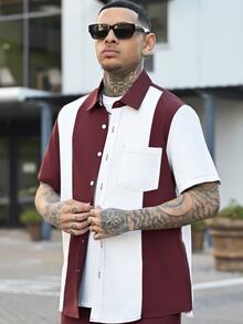 Devon Thys 男士夏季轻薄拼色竖条纹短袖单排扣衬衫和纯色长裤两件套,时尚设计、清爽氛围的休闲通勤装,舒适装扮 - 酒紅色 - 查看 4