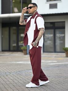 Devon Thys 男士夏季轻薄拼色竖条纹短袖单排扣衬衫和纯色长裤两件套,时尚设计、清爽氛围的休闲通勤装,舒适装扮 - 酒紅色 - 查看 9