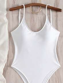 SHEIN Swim 1 件女式纯色露背系带连体泳衣，休闲度假夏季 - 白色 - 查看 3