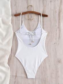 SHEIN Swim 1 件女式纯色露背系带连体泳衣，休闲度假夏季 - 白色 - 查看 5