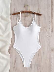 SHEIN Swim 1 件女式纯色露背系带连体泳衣，休闲度假夏季 - 白色 - 查看 4