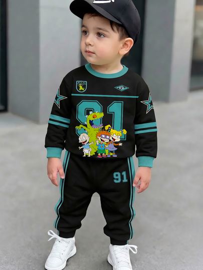 Nick 90s | SHEIN Nick Boys Toddler Naughty Soldier 2-delars set med tecknat tryck, sweatshirt med rund hals, lång ärm, stjärnmönster och nummer 91, byxor med sidrand, elastisk midja och muddar, avslappnad vardagsoutfit för barn för vår och höst