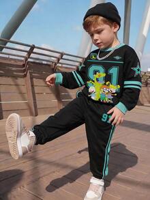 Nick 90s | SHEIN Nick 男童幼兒淘氣士兵卡通印花 2 件套，圓領長袖衛衣 Star 91 圖案，側條紋長褲，休閒套裝 藍色 - 黑色 - 查看 7