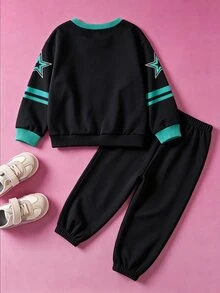 Nick 90s | SHEIN Nick 男童幼兒淘氣士兵卡通印花 2 件套，圓領長袖衛衣 Star 91 圖案，側條紋長褲，休閒套裝 藍色 - 黑色 - 查看 2