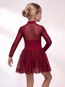 Young Girl Red Lace Knit Patchwork One-Piece Sportswear - Burgundy - View 4