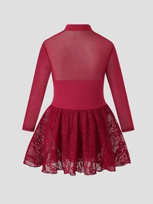 Young Girl Red Lace Knit Patchwork One-Piece Sportswear - Burgundy - View 6