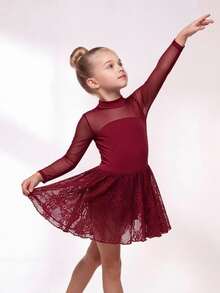 Young Girl Red Lace Knit Patchwork One-Piece Sportswear - Burgundy - View 2