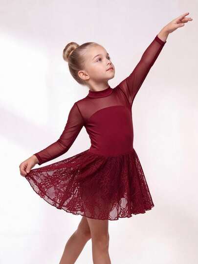 Young Girl Red Lace Knit Patchwork One-Piece Sportswear Kids