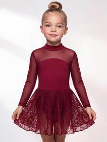 Young Girl Red Lace Knit Patchwork One-Piece Sportswear - Burgundy - View 1