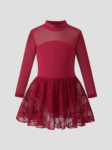 Young Girl Red Lace Knit Patchwork One-Piece Sportswear - Burgundy - View 5