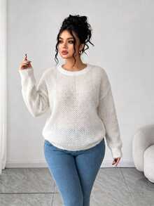 Linhara CURVE Women's Autumn/Winter Slouchy Round Neck Soft Fuzzy Loose Fit Slimming Plus Size Pullover Sweater, Casual Top - White - View 4
