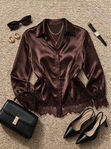 Grovea Blus Wanita Eropa Ukuran Plus Desain Prancis Patchwork Satin Lengan Panjang Berkerah Longgar Elegan Modis - Coklat - View 5
