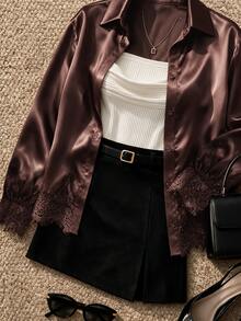 Grovea Blus Wanita Eropa Ukuran Plus Desain Prancis Patchwork Satin Lengan Panjang Berkerah Longgar Elegan Modis - Coklat - View 2