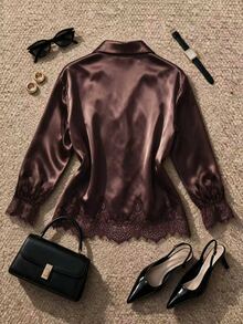Grovea Blus Wanita Eropa Ukuran Plus Desain Prancis Patchwork Satin Lengan Panjang Berkerah Longgar Elegan Modis - Coklat - View 3