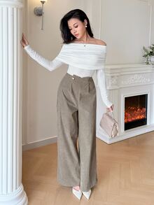 Modelyn Women's Solid Color Pleated Wide Leg Loose Casual Long Pants - Khaki - View 9
