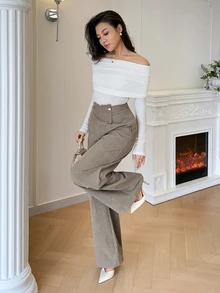 Modelyn Women's Solid Color Pleated Wide Leg Loose Casual Long Pants - Khaki - View 3