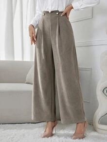 Modelyn Women's Solid Color Pleated Wide Leg Loose Casual Long Pants - Khaki - View 7
