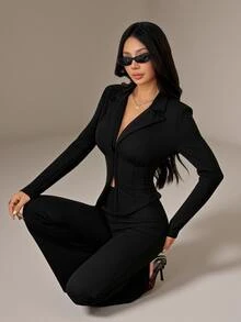 SHEIN PETITE Sexy And Elegant Black Fitted Suit Set With Jacket And Flared Trousers For Petite Women. - Black - View 1