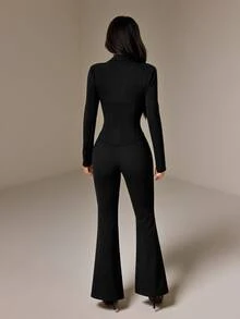 SHEIN PETITE Sexy And Elegant Black Fitted Suit Set With Jacket And Flared Trousers For Petite Women. - Black - View 2