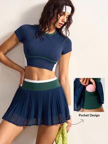 VARSIVA Women's Round Neck Short Sleeve Cropped T-Shirt And Pleated Skort Sports Activewear Set - Multicolor - View 3