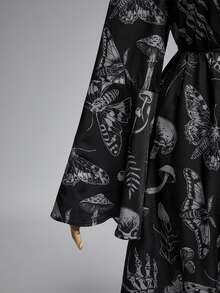 ROMWE Gothic Dark Horror Forest Skull Print Loose Off-Shoulder Long Bell Sleeve Plus Size Dress - Black - View 6