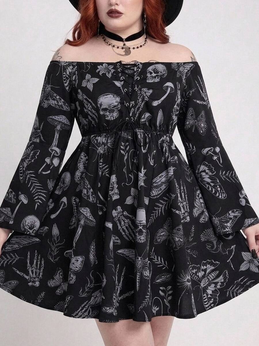 ROMWE Gothic Dark Horror Forest Skull Print Loose Off-Shoulder Long Bell Sleeve Plus Size Dress - Black - View 1