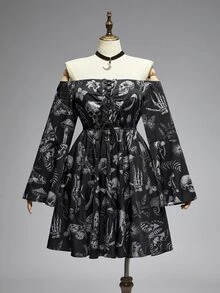 ROMWE Gothic Dark Horror Forest Skull Print Loose Off-Shoulder Long Bell Sleeve Plus Size Dress - Black - View 1