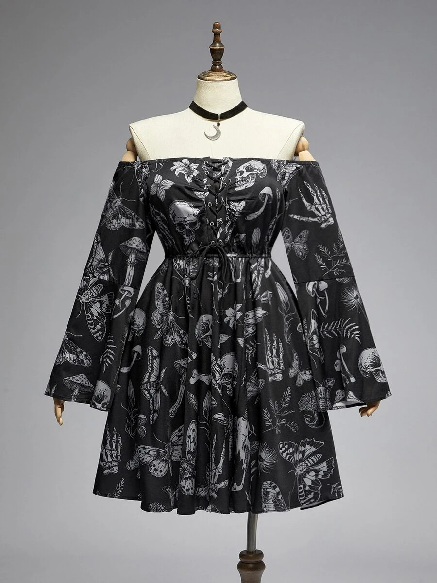 ROMWE Gothic Dark Horror Forest Skull Print Loose Off-Shoulder Long Bell Sleeve Plus Size Dress - Black - View 1