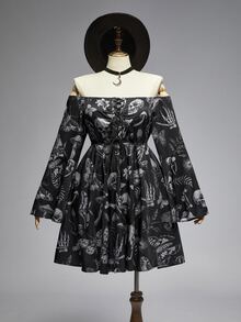 ROMWE Gothic Dark Horror Forest Skull Print Loose Off-Shoulder Long Bell Sleeve Plus Size Dress - Black - View 5