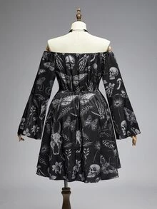 ROMWE Gothic Dark Horror Forest Skull Print Loose Off-Shoulder Long Bell Sleeve Plus Size Dress - Black - View 2