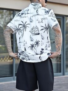 Devon Thys 男士度假休闲热带印花短袖衬衫短裤套装。采用纽扣前襟设计，非常适合音乐节、夏威夷海滩度假和日常穿着。也是送给男友或丈夫的绝佳礼物。男士短袖衬衫短裤夏季套装，男士两件套，假日休闲装。 - 彩色 - 查看 5