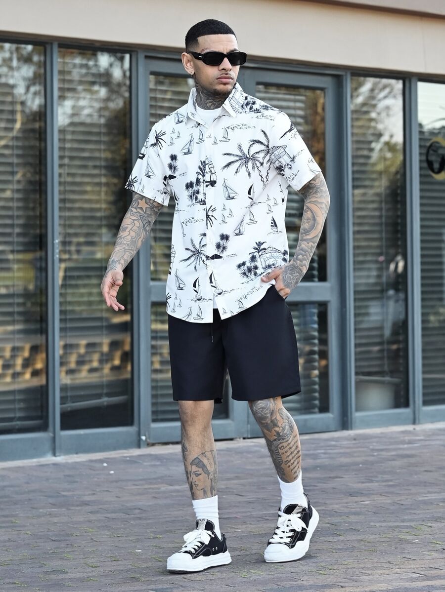 Devon Thys 男士度假休闲热带印花短袖衬衫短裤套装。采用纽扣前襟设计,非常适合音乐节、夏威夷海滩度假和日常穿着。也是送给男友或丈夫的绝佳礼物。男士短袖衬衫短裤夏季套装,男士两件套,假日休闲装。 - 彩色 - 查看 1