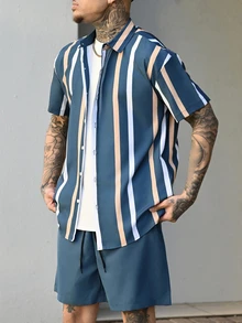 Devon Thys Two-piece Outfits Pria Kolor Kantong Tombol Depan Striped Casual - Dark Green - View 3